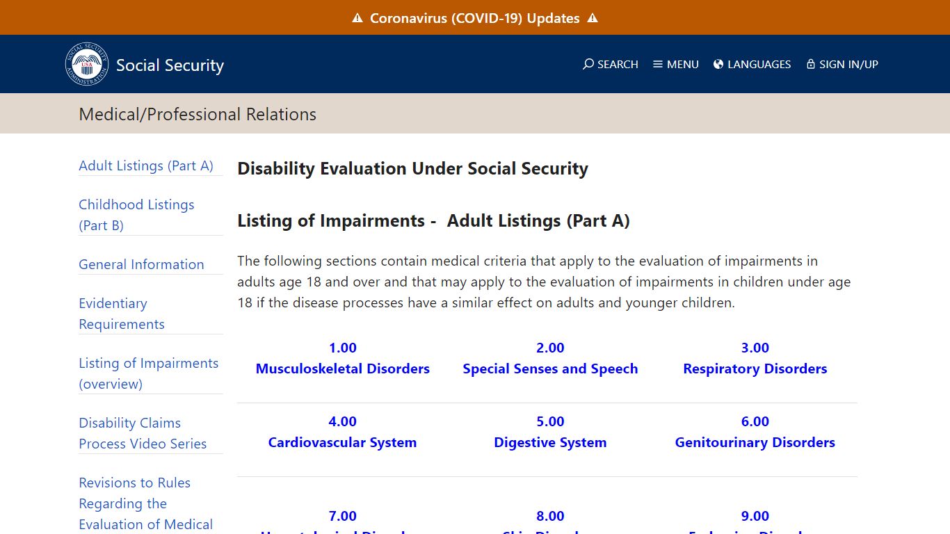 Listing of Impairments - Adult Listings (Part A)